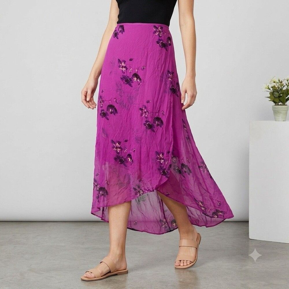 New York City Design Co 100% Silk Pull on Floral Long Skirt Lined Pink M